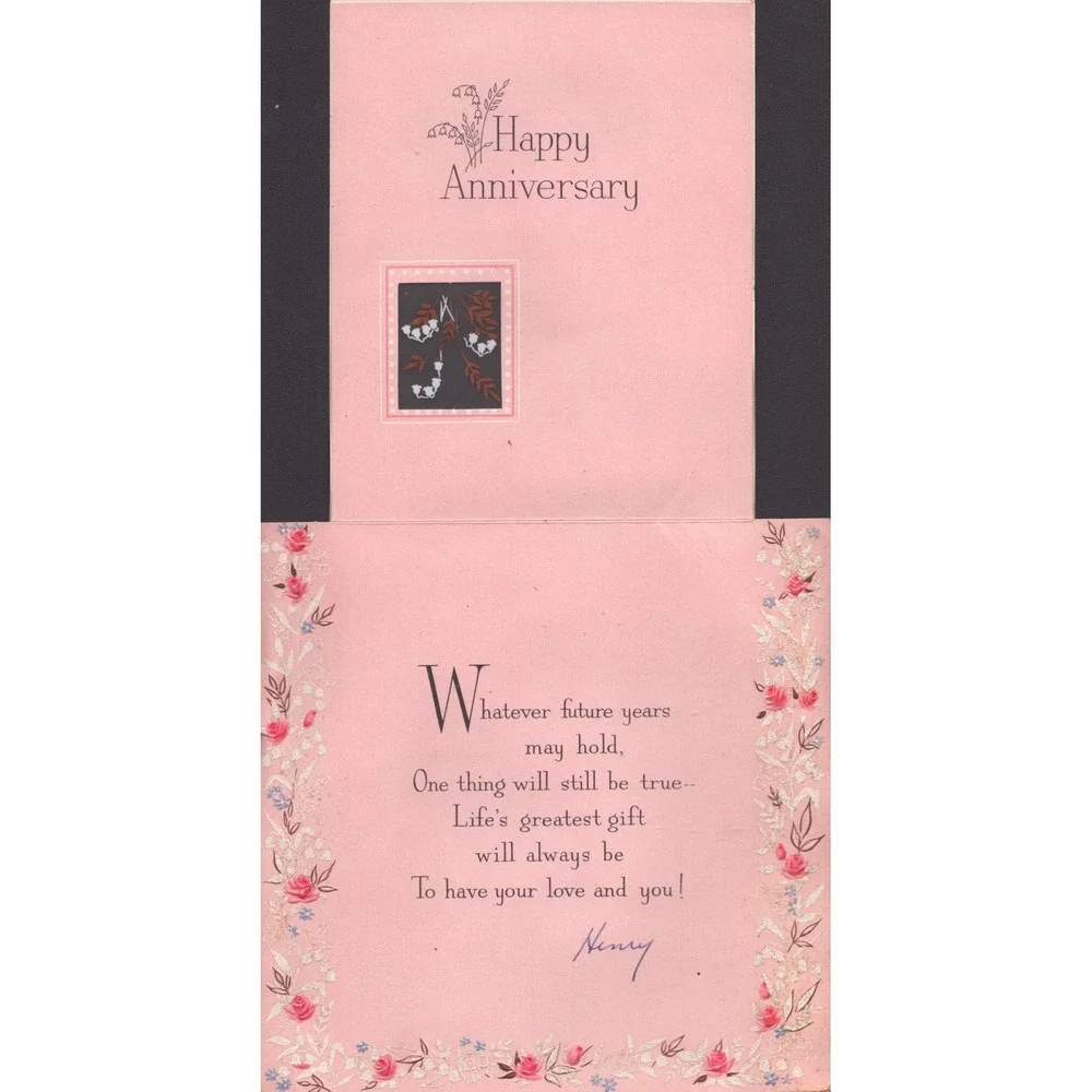 Vintage 1950s Hallmark Anniversary Card To My Wife Pink Floral Foil